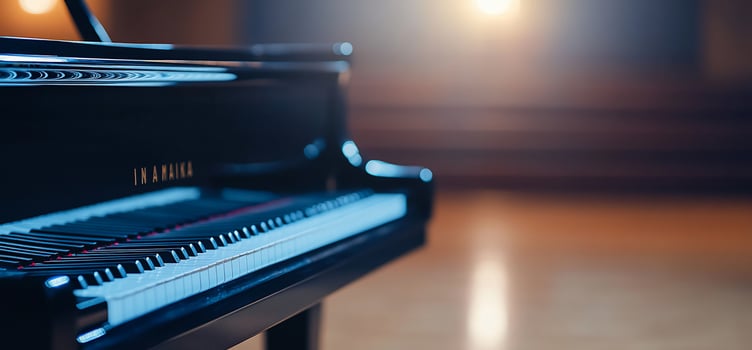 A piano is shown in a dark room photo