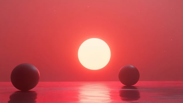 Two spheres float on calm, red water at sunset. photo
