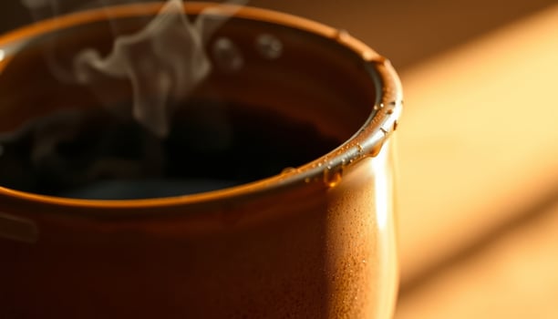 Warm Brown Coffee Cup with Steam in Sunlight photo