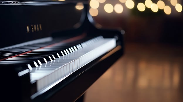 Close-up of grand piano keys, bokeh lights. photo