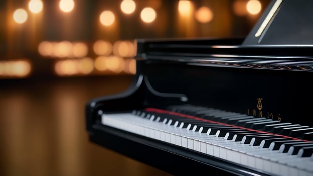 Black grand piano on stage with bokeh lights. photo