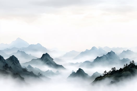 Misty mountain range landscape, serene, tranquil, calm. photo