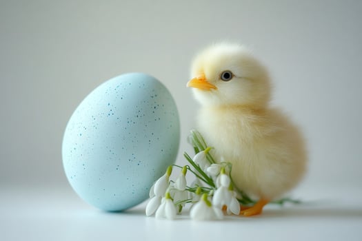 Cute yellow chick standing next to a light blue Easter egg and snowdrops photo