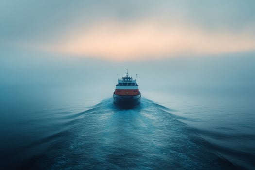 Ferry boat sailing on the sea at sunset creating waves in the fog photo