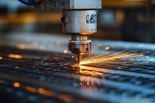 Industrial laser cutting metal sheet with sparks flying in workshop photo
