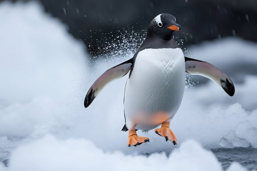 Gentoo penguin jumping from ice floe with water splashes photo