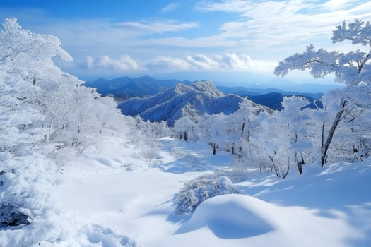 Snow covered trees and mountain range under blue sky in Japan photo