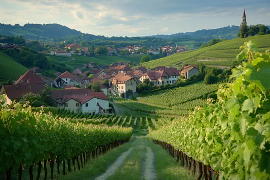 Lavaux Vineyard Terraces leading to a charming Swiss village under cloudy sky photo