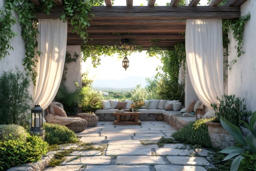 Pergola providing shade in a relaxing mediterranean patio during summer photo