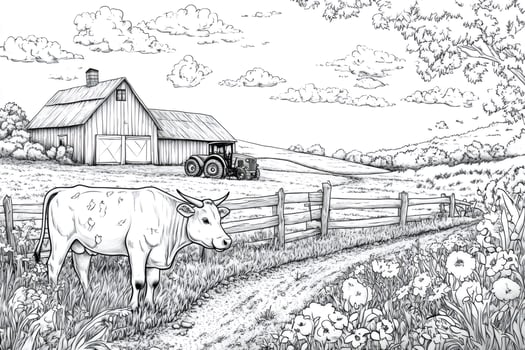 Cow grazing in a field near a barn and a tractor in a black and white drawing photo