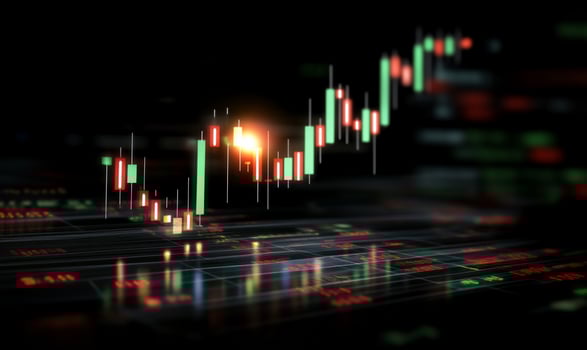 Ascending candlestick chart on digital screen. photo