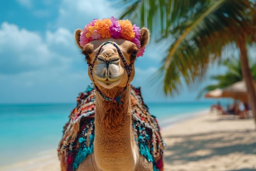 Colorful camel enjoying a tropical beach day photo