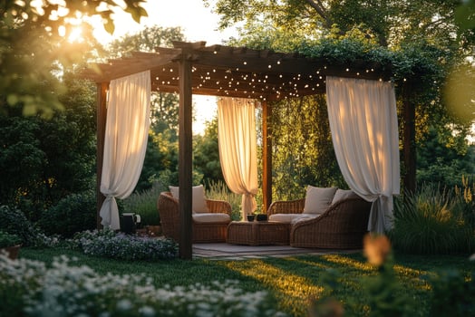 Cozy pergola with string lights illuminating garden seating area at sunset photo