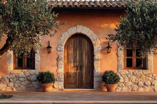 Elegant wooden door and facade of traditional mediterranean house at sunset photo