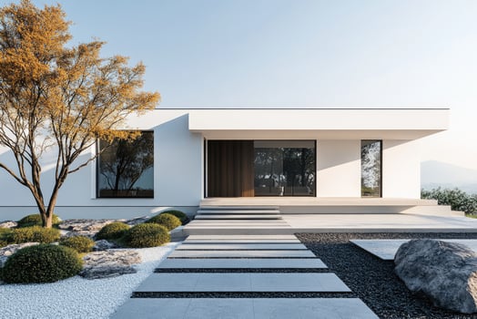 Modern white house with garden and stepping stones leading to entrance photo