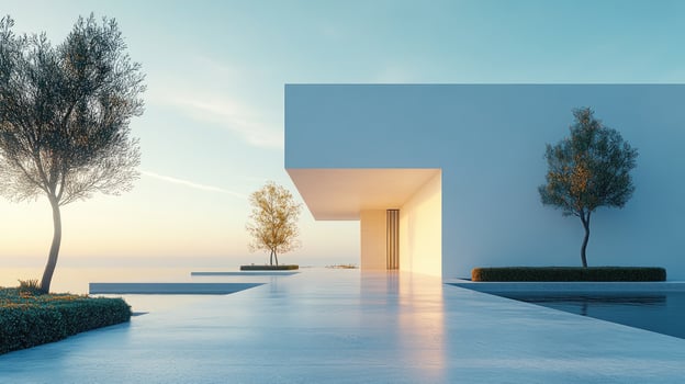 Modern white minimalist luxury beach house with infinity pool overlooking tranquil ocean at sunset photo