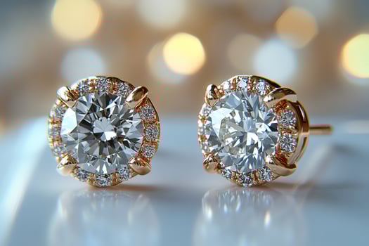 Pair of sparkling diamond earrings reflecting golden light.. photo