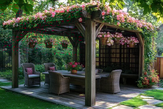 Blooming pink flowers covering a wooden pergola in a lush garden photo