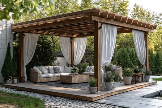 Wooden pergola providing shade to patio furniture on a summer day photo