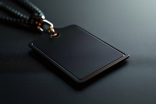 Blank black rectangular label with chain on dark background is hanging photo