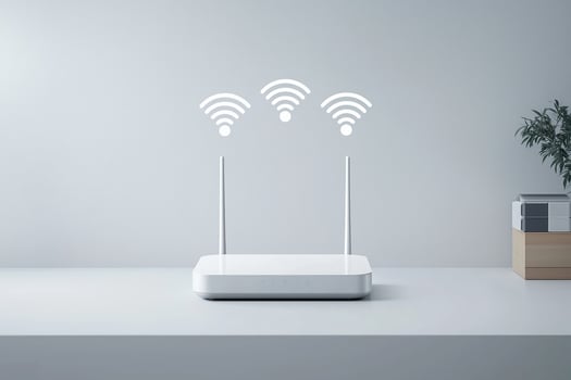 Modern wireless router with wi-fi signals on minimalist desk photo