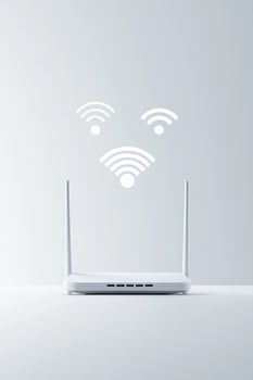 Modern wifi router with signal icons on minimalist background photo