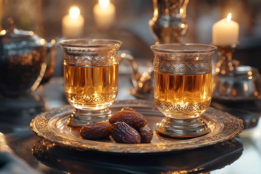 Two ornate tea glasses with dates on silver tray, illuminated by candlelight, creating warm ambiance photo