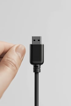 Close-up of a hand holding a black usb cable connector against a gray background photo
