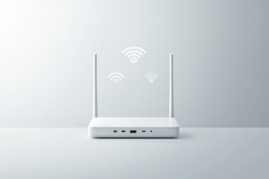 Modern wireless router with antennas and wi-fi signal icons against minimalist background photo