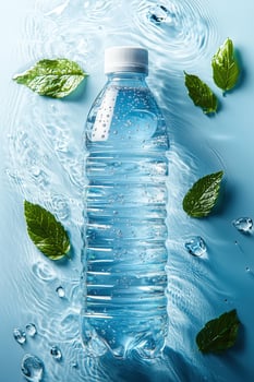 Refreshing bottled water with mint leaves and water drops on blue background photo