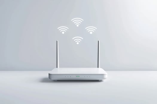 Modern wireless router with wi-fi signal waves on minimalist background photo