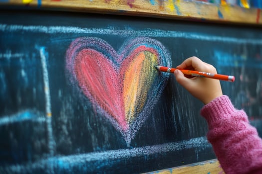 Child drawing a colorful heart on blackboard photo