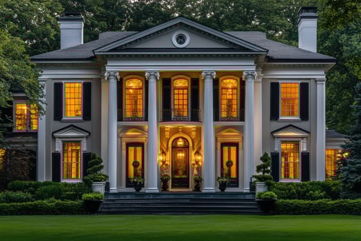 Luxurious colonial style mansion illuminating the night with warm lights photo