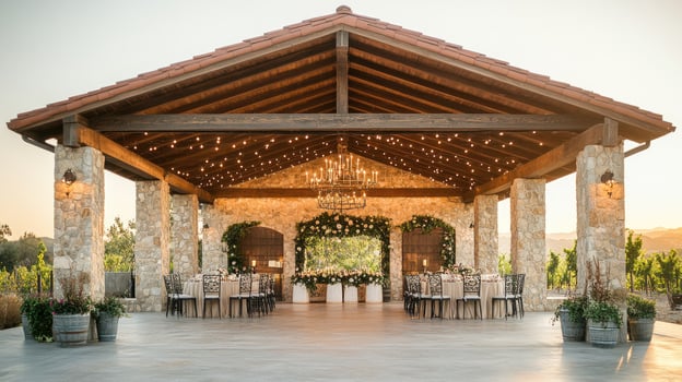 Outdoor wedding reception venue under rustic pergola with string lights photo