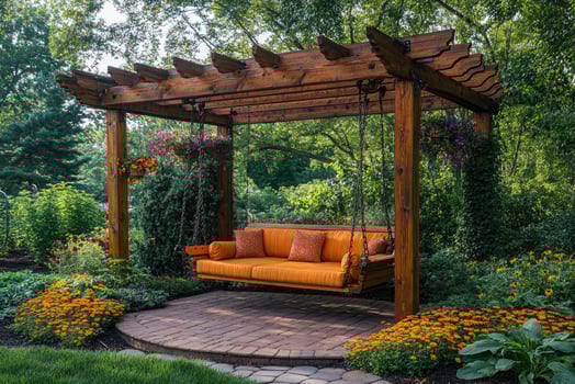Wooden swing hanging from pergola in lush garden setting photo