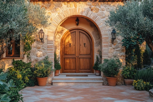 Elegant wooden door inviting guests into rustic stone house photo