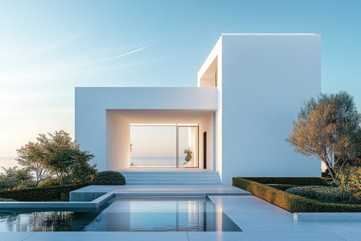 Modern white minimal house with swimming pool overlooking the sea at sunset photo