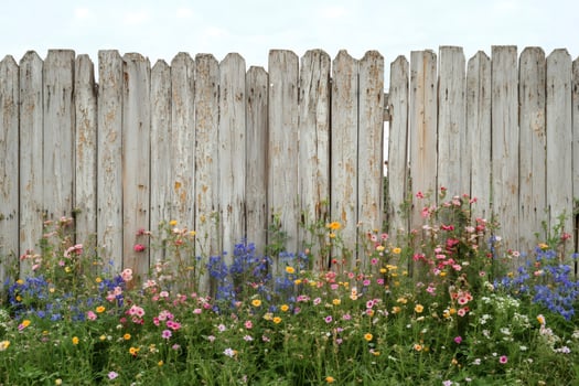 Colorful wildflowers growing in front of old weathered wooden fence photo