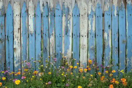 Wildflowers growing by rustic blue picket fence in summer garden photo