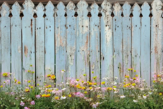 Weathered blue picket fence with colorful wildflowers blooming in front photo