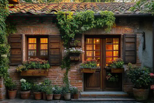 Charming cottage with illuminated windows and lush flower boxes in the evening photo
