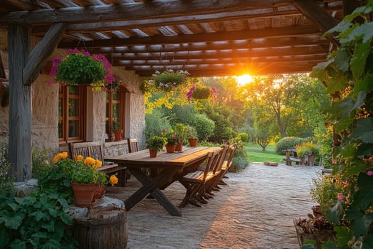 Golden hour illuminating patio dining area of rustic country house photo