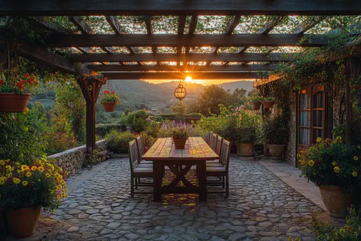 Wooden pergola covering patio table at sunset with mountain view photo