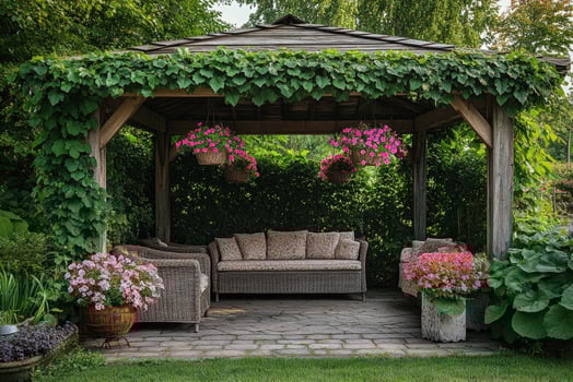 Cozy gazebo providing shade in lush green garden photo
