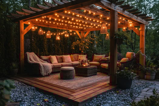 Cozy backyard pergola lighting up the night with string lights and lanterns photo
