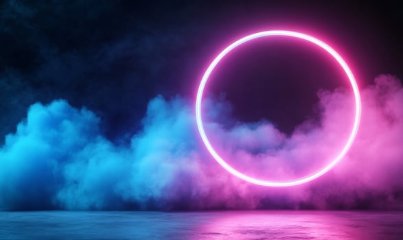 Pink neon circle in blue smoke. photo
