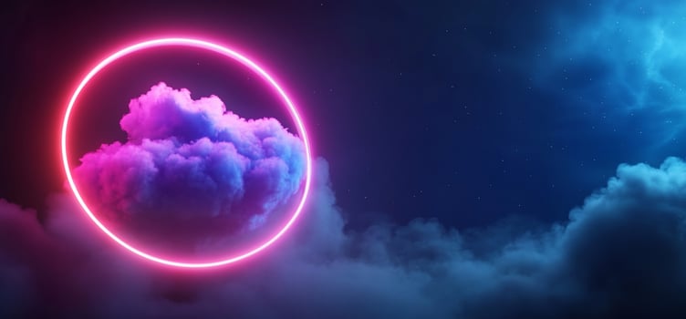 Neon circle framing vibrant cloud in dark night sky. photo