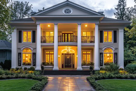 Luxurious colonial style home exterior at twilight with illuminated interior photo