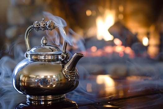 A Polished Silver Kettle Steaming Warmth by a Cozy Fireplace photo