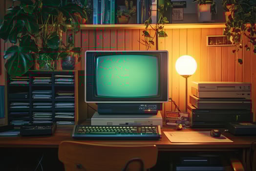 Vintage home computer showing green screen in cozy room setup photo